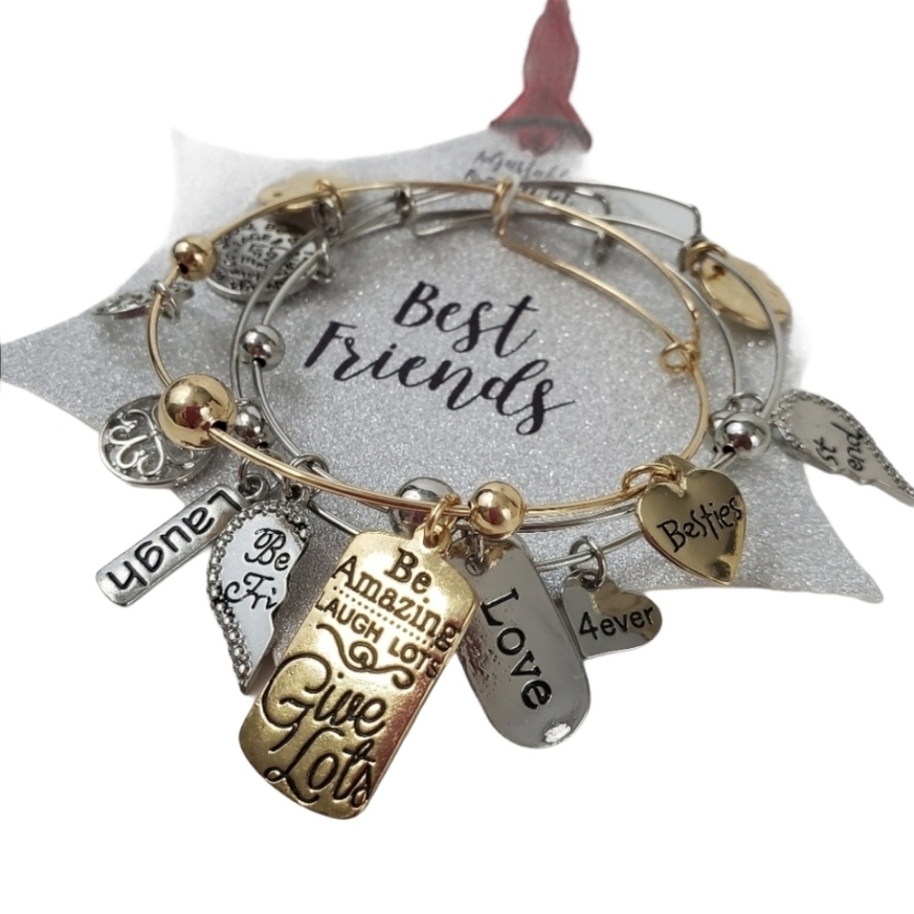 Best Friends Adjustable Charm Bracelet Set gold Silver love laugh heart *
